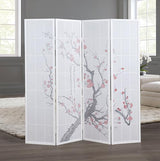 Roundhill Furniture White Japanese 4-Panel Screen Room Divider, Plum Blossom Roundhill Furniture