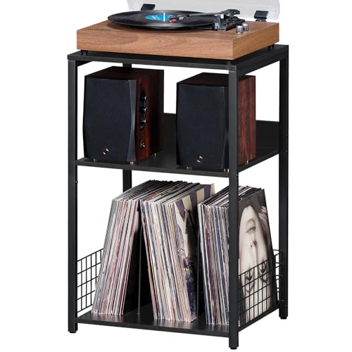 LELELINKY Large Black Record Player Stand, 3 Tier Big End Table with Vinyl Storage Up to 130 Albums, Turntable Stand, Industrial Printer Tables, Modern Side Tables for Living Room, Bedroom, Office LELELINKY