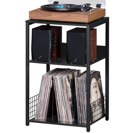 LELELINKY Large Black Record Player Stand, 3 Tier Big End Table with Vinyl Storage Up to 130 Albums, Turntable Stand, Industrial Printer Tables, Modern Side Tables for Living Room, Bedroom, Office LELELINKY