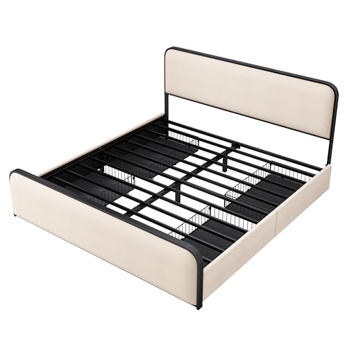 Merax Metal Platform Bed King Size with Curved Upholstered Headboard and Footboard, King Bed Frame with 4 Storage Drawers Under Bed, Heavy Duty Metal Slats, No Box Spring Needed, Easy Assembly, Beige Merax
