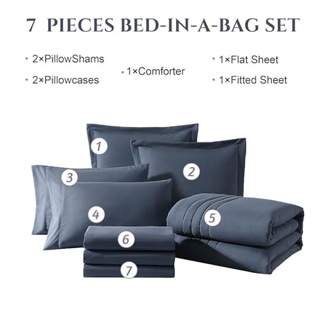 Monbix King Size Comforter Set - 7 Pieces Bed in a Bag King, Blue Gray Bedding Sets with Comforter, All Seasons Comforter Bed Set with Sheets, Pillowcases & Shams Monbix