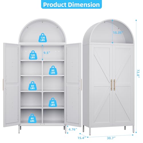 GangMei Metal 72" H Arched Pantry Cabinet with 6 Adjustable Shelves,White Arched Cabinet with 2 Doors for Kitchen Living Room,Required Assembly GangMei