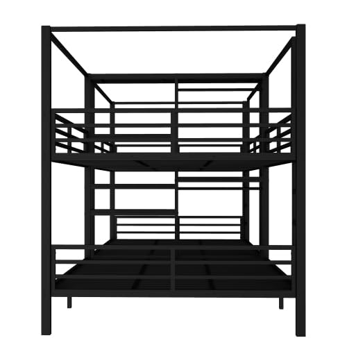 Queen Size Quadruple Metal Bunk Bed with Wardrobe & Storage Shelves, Quadruple Metal Bunk Bed Frame with Noise-Reduced Design (Black/Queen) MERITLINE