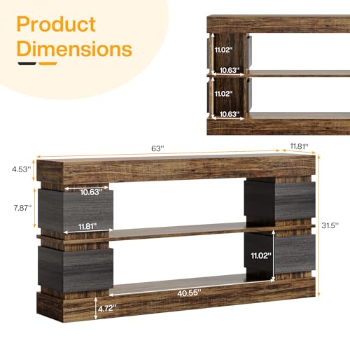 Tribesigns 63" Farmhouse Console Table, 3-Tier Entryway Table with Storage, Long Wooden Behind Couch Stand with 4 Compartments for Living Room, Hallway, Foyer, Vintage Brown & Gray Tribesigns