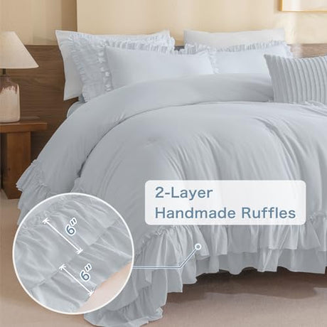Masaca Ruffled Comforter Set for Queen Bed,3 Pieces Vintage Farmhouse Shabby Bedding Set Lightweight Ultra Soft French Country Bedding (1 Cornflower Blue Comforter +2 Pillowcases) Masaca