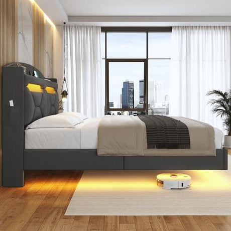 ADORNEVE Full Size Floating Bed Frame with RGB LED Lights and Charging Station, Upholstered Platform Bed Frame with Storage Shelf Headboard, Solid Wood Slats, Noise Free, Easy Assembly, Dark Grey ADORNEVE