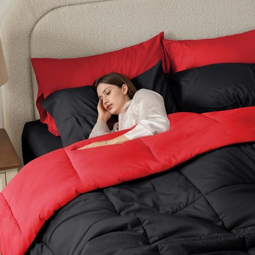Anluoer King Size Comforter Set 7 Pieces, Reversible Bed in a Bag King Size,Lightweight Bedding Set with 1 Comforter(102*90") , 2 Pillow Shams, 2 Pillowcases, 1 Flat Sheet , 1 Fitted Sheet,Red & Black Anluoer