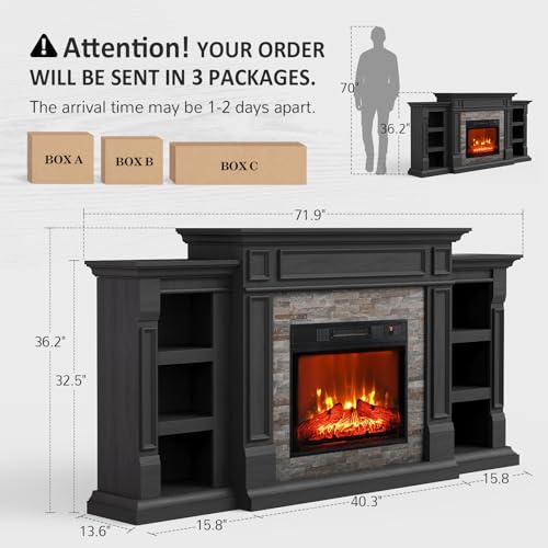 Naice 72" Electric Fireplace with Mantel and Cabinets, Fireplace TV Stand for Living Room Bedroom, Stacked Stone Surround and Remote Control 3D Realistic Flame, Black Naice