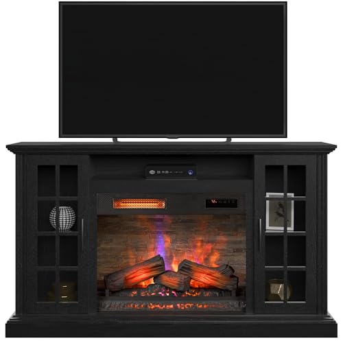 duraflame® Electric Fireplace Media Mantel for TVs up to 65 inches and Farmhouse Storage Cabinets, Black Embossed Ash Duraflame