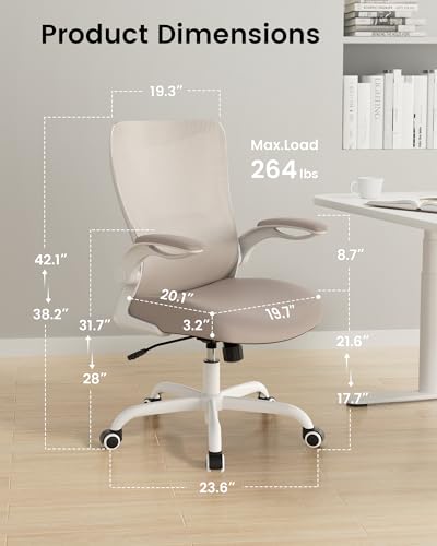 MUXX.STIL Office Chair, Ergonomic Desk Chair with Adjustable Lumbar Support and Flip up Armrest, Breathable Mesh Computer Chair for Home Office, Khaki MUXX.STIL