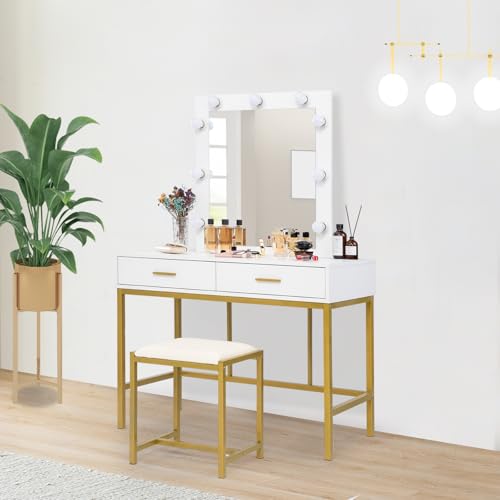 VINGLI 40" Vanity Set with Lighted Mirror and Stool,White Makeup Vanity Table Set with 9 Lights for Women,Bedroom Makeup Dressing Table with 2 Drawers and Stool,White&Gold VINGLI