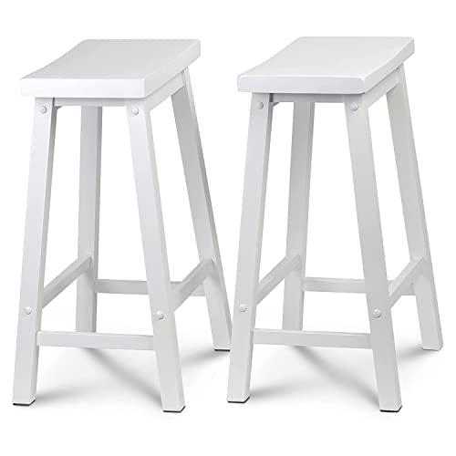 PJ Wood 24-Inch Backless Solid Wood Saddle Seat Counter Stools in White - Set of 2 - WoodArtSupply