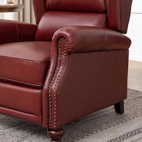 SHINE FURNISHING Genuine Leather Recliner Chair with Nailhead Trim, Mid Century Modern Push Back Recliner with Thick Cushioned Seat, Single Sofa & Accent Chair for Living Room (Burgundy)