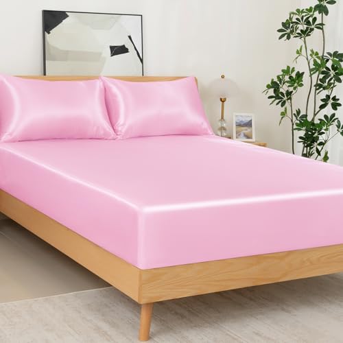 NSGZ 2 Pcs Satin Fitted Sheet and Pillowcase Set, Twin Silky Bottom Bedsheet Fit up to 15 Inch Deep Pocket Mattress, Pink Soft Satin Bedding Includes 1 Fitted Sheet and 1 Pillowcases NSGZ