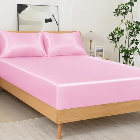 NSGZ 2 Pcs Satin Fitted Sheet and Pillowcase Set, Twin Silky Bottom Bedsheet Fit up to 15 Inch Deep Pocket Mattress, Pink Soft Satin Bedding Includes 1 Fitted Sheet and 1 Pillowcases NSGZ