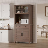 GarveeHome 72 in Tall Kitchen Pantry Cabinet, Kitchen Hutch Bar Cabinet with Microwave Stand, Cupboard with Drawers Glass Doors for Dining Room, White (Brown, 32" Wide) GarveeHome