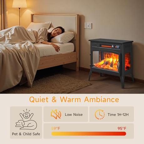 24″ Freestanding Electric Fireplace Stove with 3D Flame Effect and 6 Flame Color, 1000/1500W Infrared Fireplace Stove, 5200 BTU Electric Fireplace Heater with Remote and Timer for Indoor, Black ONBRILL