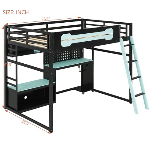 Harper & Bright Designs Full Size Wood Gaming Loft Bed with Desk and Storage Shelves, Modern Low Loft Bed Frame with LED Lights, USB Ports and Pegboard for Kids Teens Adults, Black+Blue Harper & Bright Designs