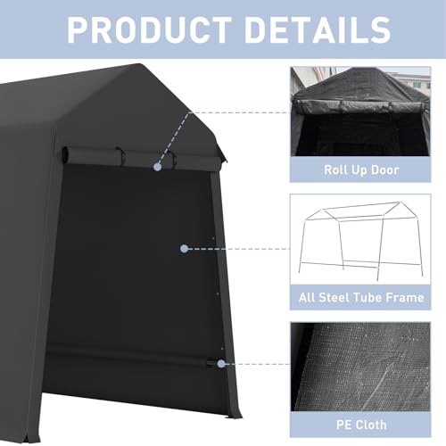 7X12 Ft Outdoor Portable Storage Shelter Shed with Rolled Up Zipper Doors & Vents, Heavy Duty Carport for Motorcycle Waterproof and Uv Resistant Anti-Snow Portable Garage Kit Tent, Black Hipicute
