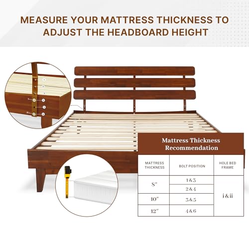Bme Caden 15 Inch Adjustable King Bed Frame - Mid Century Acacia Wood Platform with Headboard, Dark Chocolate Bme