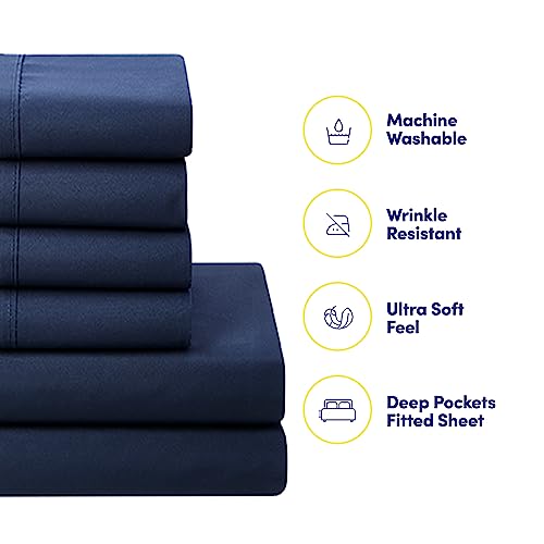 Sweet Home Collection 5 Piece Comforter Set Bag Solid Color All Season Soft Down Alternative Blanket & Luxurious Microfiber Bed Sheets, Navy, Twin Sweet Home Collection
