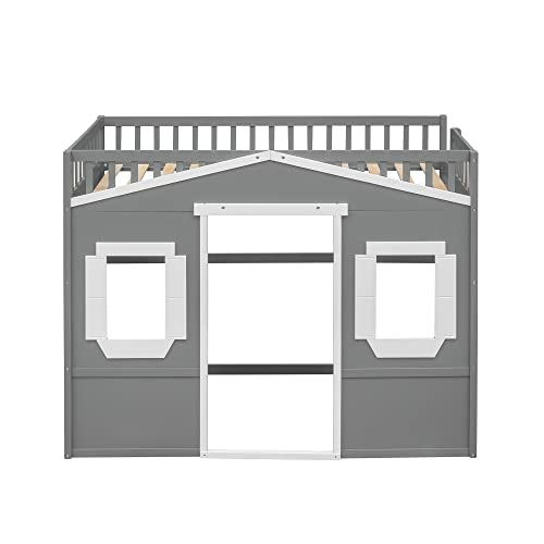 Merax Twin Size Loft Bed with Wardrobe, Space-Saving House Bed Frame with Safety Guard & Ladder for Small Bedroom, Gray+White Merax