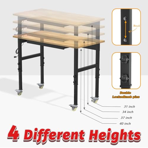 48" Adjustable Workbench, 2000 LBS Load Capacity Heavy Duty Table, Hard Wood Work Bench with Power Outlets, Wheels and Drawer for Garage, Workshop, Home, Office, Easy to Assemble - WoodArtSupply