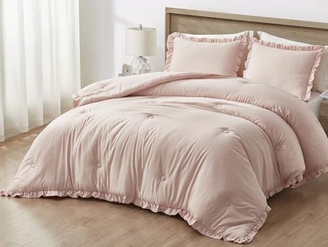 Chezmoi Collection Nora Blush Comforter Set Twin Size 2-Piece Lightweight Soft Stone-Washed Ruffled Shabby Chic Bedding for All Season Chezmoi Collection