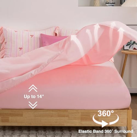 A Nice Night Rainbow Stripes & Bows Bedding Set,Ruffle 6 Piece Bed in a Bag Matching Sheet Set,Princess Style Chic Bow Printed,Light Pink Room Decor for Girls,Twin A Nice Night