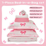 Wajade 7 Piece Pink Bow Bedding Set for Girls Kids Twin Size Comforter Set with Sheet and 2 Pillowcases 2 Pillow Shams Cute Girls Bed in a Bag as Birthday Choice Wajade