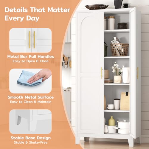Zevemomo 71'' Tall Metal Pantry Cabinet with 2 Doors, Freestanding Kitchen Storage Cabinet with 4 Adjustable Shelves, Steel Cupboard for Kitchen, Pantry, Dining Room, Living Room, Bathroom, White Zevemomo