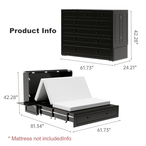 TemkTuek Queen Murphy Bed with Charging Station Cabinet Space Saving Wall Bed for Guest Room, Study, Apartment with Built in USB Ports (NOT Included Mattress) Black (13) TemkTuek