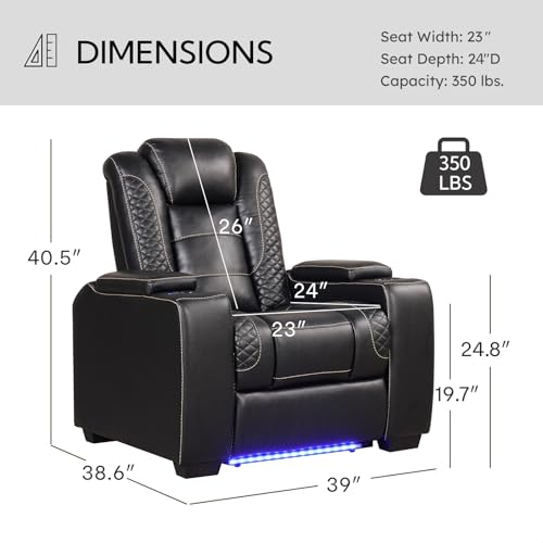 ANJ Power Recliner Home Theater Seating, PU Leather Electric Recliner Chair with Adjustable Headrest,Dual Motor Movie Reclining Chairs with Cup Holders LED Lights,USB Port,Hidden Arm Storage,Black