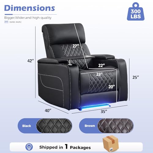 ANJ Power Recliner Chair with Adjustable Headrest, LED Lights & Detachable Tray Table, Faux Leather Electric Home Theater Seating with Cup Holders, USB,Hidden Arm Storage,GRS Certified,Black
