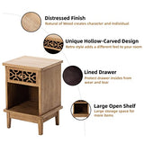 COZAYH Retro Rustic Nightstand Solid Fir End Table Side Table with Hand Carved Front and Open Shelf for Boho, French Country, Farmhouse Style, Natural COZAYH