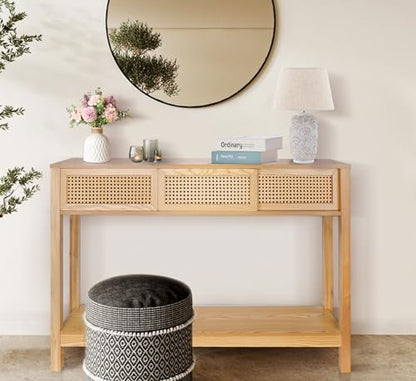 Long Console Table, Console Tables for Entryway, Rattan Entry Table Narrow Wood Console Table with Storage Drawers, Modern Couch Table Hallway Table Boho Sofa Table for Living Room