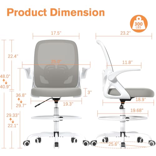ORRSAKER Tall Drafting Chair with Lumbar Support and Footrest Ring, Supportive Tall Extended Height Ergonomic Desk Chair for Home Work, Breathable Mesh Office Chair with Flip up Arms(Gray) ORRSAKER