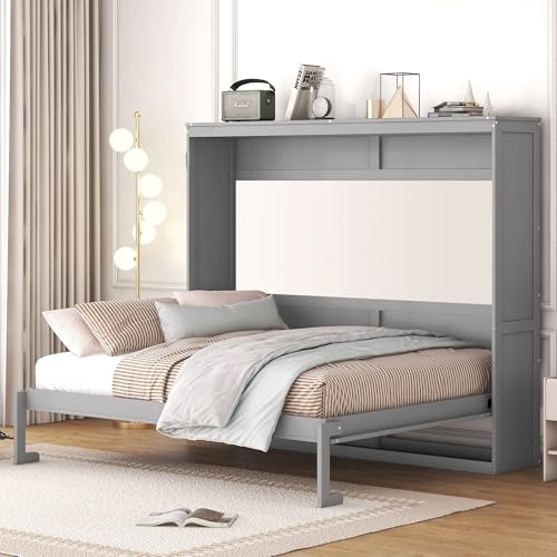 Merax Modern Farmhouse Solid Wood Murphy Cabinet Bed, No Box Spring Needed/Easy Assemble/Queen,Gray Merax