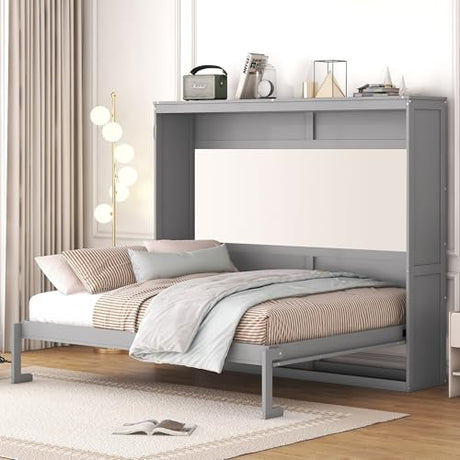Merax Modern Farmhouse Solid Wood Murphy Cabinet Bed, No Box Spring Needed/Easy Assemble/Queen,Gray Merax