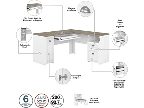 Bush Furniture Fairview L Shaped Desk with Hutch, Drawers and Storage Cabinet Corner Computer Table for Home Office with Pewter Accents, 60W, Shiplap Gray/Pure White - WoodArtSupply