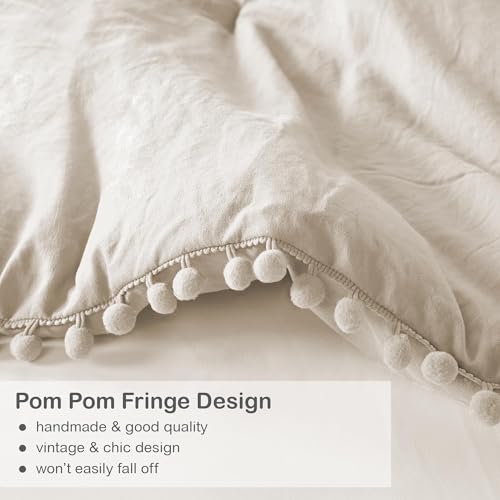 Codi Beige Twin Comforter Set for Girls - Boho Aesthetic Pom Fringe Design Cute Bedding, Soft Washed Microfiber Taupe Bed Sets, Lightweight Chic,1 Comforter & 1 Pillowcase Codi