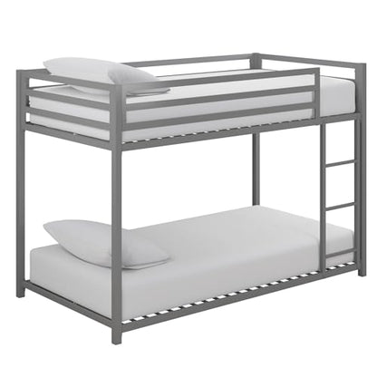 DHP Miles Silver Low Metal Bunk Bed Frame for Kids - Twin Over Twin with Built-in Ladder and High Guardrails - WoodArtSupply