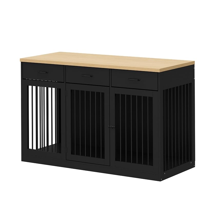 DAWNSPACES Extra Large Dog Crate Furniture with 3 Drawers, Indoor Heavy Duty Dog Kennel House, 55.3" Furniture Style Dog Crate Side End Table TV Stand for XL Large Medium Breed Dogs, Black - WoodArtSupply