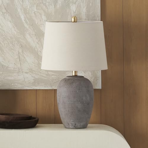 Nourison 23" Rustic Brown with Gray Undertones Ceramic Pot Table Lamp for Bedroom, Living Room, Dining Room, Office, with Beige Shade - WoodArtSupply