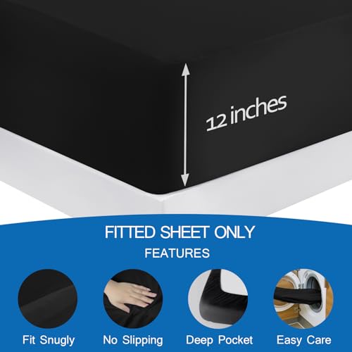 Twin Fitted Sheet Only, Twin Size Sheets for Kids Up to 14 Inches Deep Procket, Single Bed Mattress Sheets Stretchable Breathable Cover, Black Coldwind