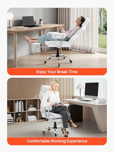 VEVOR Reclining Office Chair with Footrest, Heavy Duty PU Leather Oversize Office Chair, Big and Tall Executive Office Chairs with Lumbar Support, Strong Metal Base Quiet Wheels, White VEVOR