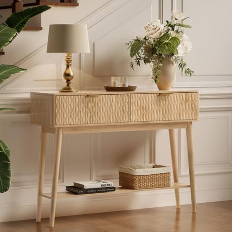 Cooday Console Table with Solid Wood Legs, Boho Modern Entryway Table with Storage Drawers, Fluted Narrow Sofa Table for Hallway,Living Room, Light Oak Cooday