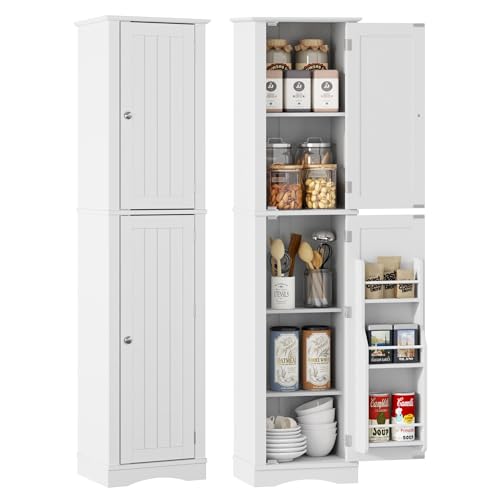 Function Home Tall Bathroom Storage Cabinet, 64" Slim Kitchen Pantry with Door Storage, Narrow Wood Freestanding Cabinets with Adjustable Shelves for Kitchen Living Room Dining Room, White Function Home