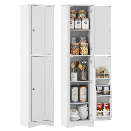 Function Home Tall Bathroom Storage Cabinet, 64" Slim Kitchen Pantry with Door Storage, Narrow Wood Freestanding Cabinets with Adjustable Shelves for Kitchen Living Room Dining Room, White Function Home