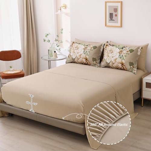 Dintszyayue Khaki Floral Comforter Set King Size 7 Pieces Bed in a Bag Elegant Flower Bedding Set for All Season with Flat Sheet, Fitted Sheet, Pillowcases & Shams Dintszyayue
